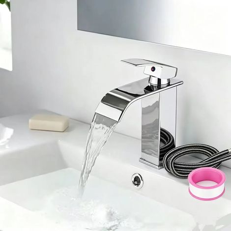 (HAIY) Lavabo cascade en acier inoxydable avec robinet mitigeur réglable et eau chaude/froide, WC et salle de bain (1/5)