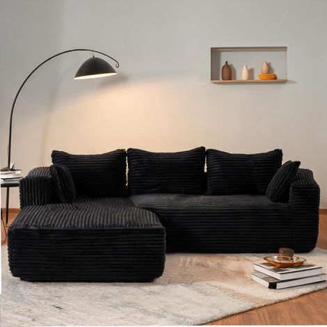 Canapé d'angle modulable en velours côtelé noir avec méridienne (1/5)