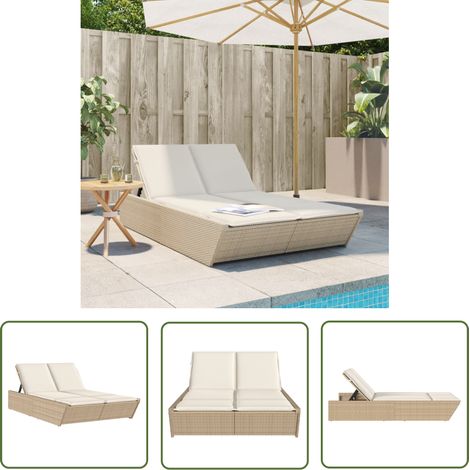 The Living Store Doppel-Sonnenliege mit Auflagen Beige Poly Rattan - Doppel Liege - Gartenliege - Sonnenschirm - Outdoor Möbel - Lounge Set (1/5)