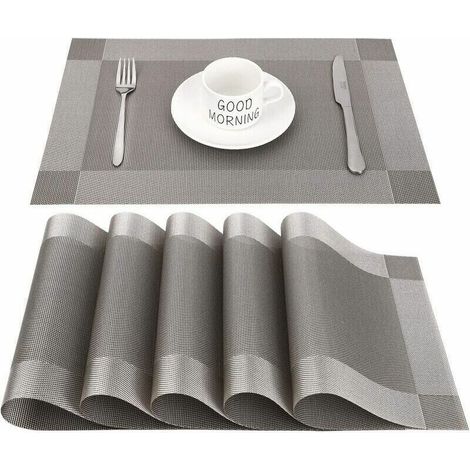 Rechteckige Platzsets aus rutschfestem, hitzebeständigem PVC für Esszimmer, Küche oder Esstisch, 45 x 30 cm, 6er-Set, grau - Crezuo
