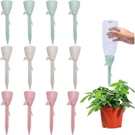 Packung mit 12 Pflanzenbewässerungsgeräten, automatische Bewässerungsspitzen mit Ventilschalter (4 rosa + 4 grün + 4 beige) (1/4)