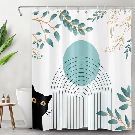 Moderne Milieu du siècle Rideaux de Douche 120x175cm Noir Chat Sarcelle Rayé Feuille Rideaux de Bain avec Crochets,Art Abstrait Extra Court Imperméable Polyester Anti Moule Salle de Bain Décor (1/5)