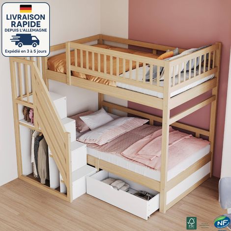 MODFU - Litera 90x200 cm, madera certificada PEFC, cama de seguridad reforzada con barandillas altas, somier de láminas, escalera de seguridad con almacenaje, cajones de almacenaje - color natural (1/5)