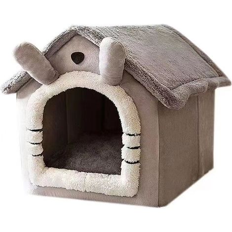Lit De Grotte pour Chat, Lavable, Igloo De Chat en Peluche Chaud, Maison De Chat Pliable Et Confortable, Lit De Chien avec Fond Antidérapant(S, Chat Gris)