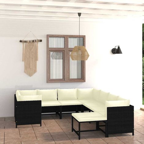 Salon de jardin 9 pcs Ensemble Table et Chaise de Jardin - avec coussins Résine tressée Noir BV328603 - BonneVie (1/5)