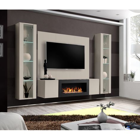 Ensemble meuble TV mural Fly M-P2 avec cheminée bioéthanol, vitrine et éclairage LED - Bois MDF cachemire - 240 x 170 x 40 cm - Livraison gratuite