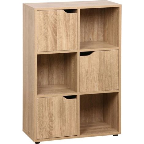 Etagère bibliothèque - JUANIO - 60 x 29 x 90 cm - 6 compartiments (3 ouverts, 3 portes) - Finition chêne - Compact (1/3)