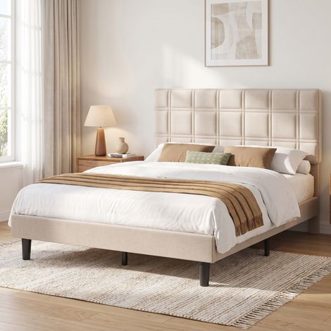 Vasagle – Cadre de lit adulte 140 x 190 cm – Tête de lit réglable 3 niveaux – Structure métal et lattes bois – Mousse anti-bruit – Beige cappuccino (1/5)