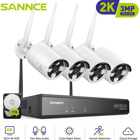 SANNCE Wireless CCTV Camera System, 8CH 5MP NVR, 4X 3.0MP Outdoor Security IP Cameras with P2P, One-Way Audio, Dual WiFi System, Human AI Motion Detection, 1TB Hard Disk, Work with Alexa (1/5)
