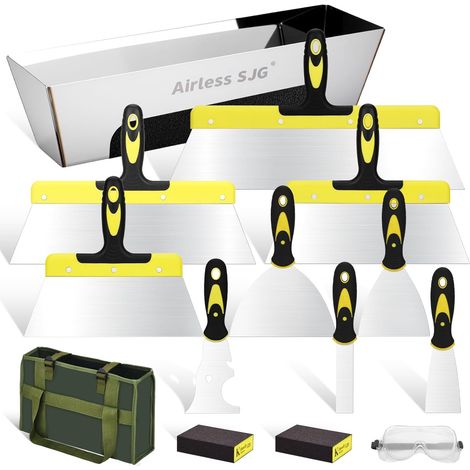 Kit 14pcs Outils Plaquiste, Couteaux à Mastic et Enduire en Acier Inoxydable 304, Bac à Enduit 35cm, Éponges Abrasives Réutilisables, Sac de Transport Oxford – Rénovation Maison (1/5)