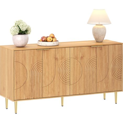 Buffet salle à manger 4 portes en MDF avec étagères réglables, finition bois clair et pieds métal doré, meuble de rangement 140 x 40 x 72 cm - CHICFURN (1/5)