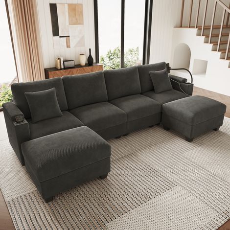 Sofá modular en U para 5-6 plazas, terciopelo gris, con función cama OKMYHOME (1/5)