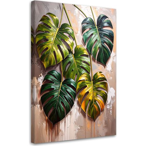Quadro su tela, Monstera Foglie su sfondo dipinto - 40x60 (1/2)