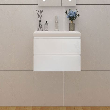 Badmöbel Set 50cm Waschtisch mit Unterschrank Gäste WC Hochglanz Weiß Waschbecken Mineralguss (1/5)