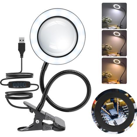 Lampe loupe LED, grossissement 3x avec éclairage, 3 couleurs et 10 niveaux de luminosité, lampe loupe de bureau orientable à 360° avec pince, idéale pour le travail, le maquillage, la lecture et la co (1/5)