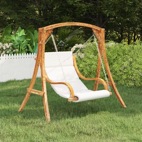 Balancelle de jardin en bois courbé massif – Finition teck – Coussin crème ergonomique – Dimensions 120x95x65,5 cm – Inlife (1/5)