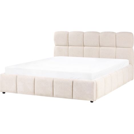 Cama baja con almacenaje tapizada somier elevable con capitoné 160 x 200 cm beige claro Noyon