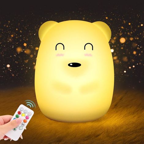 Lámpara de noche con forma de osito bebé, 9 colores, de silicona, con 3 modos, LED recargable, temporizador, mando a distancia, ideal como lámpara de mesita de noche para la habitación de los niños. ¡ (1/5)