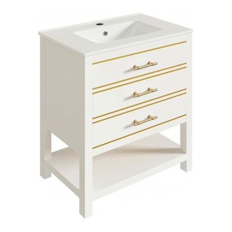 Meuble salle de bain 76 cm blanc doré monobloc 2 tiroirs vasque céramique