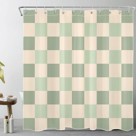 Vert Sauge à Carreaux Rideaux de Douche 180x180cm Beige Plaid Rideaux de Bain avec Crochets,Géométrique Abstrait Imperméable Polyester Anti Moule Salle de Bain Décor (1/5)