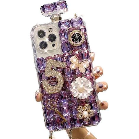 Luxuriöse, mit Strasssteinen verzierte Handyhülle im Stil eines Parfümflakons, kompatibel mit dem iPhone 13 Pro Max. Rundumschutzhülle mit weichen Kanten (lila). (1/2)