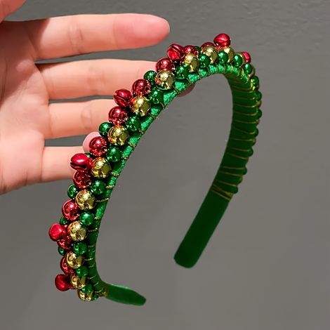 1 serre-tête de Noël festif avec perles rouges et vertes, accents dorés et breloques clochette - Accessoire de fête en polyester emballé à la main (1/5)