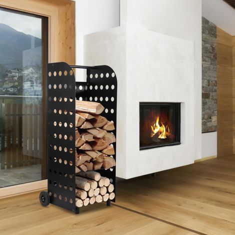 Jopassy Carrello per legna con ruote 42 x 35 x 112 cm con 2 ruote Capacità 60 kg telo di protezione metallo nero (1/5)