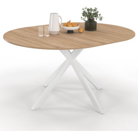 Idmarket – Table à manger extensible ronde 110-150 cm – Pied araignée en métal blanc – Capacité 4-8 personnes – Plateau en MDF
