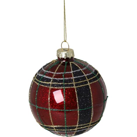 Pallina di vetro con glitter a scacchiera scozzese rossa, 8 cm (1/2)