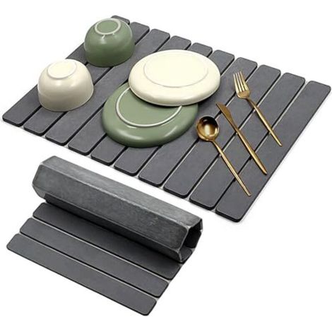 Tapis égouttoir à vaisselle 60x40cm, tapis égouttoir en terre de diatomées, très absorbant, résistant à la chaleur, pour éviers, tapis égouttoir à séchage rapide pour la cuisine (gris foncé, 60x40cm) (1/4)