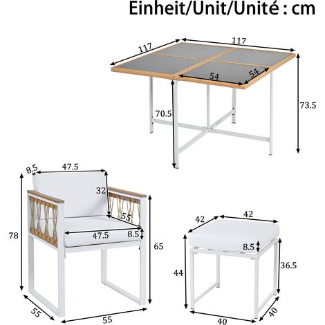 ELVMI Gartenmöbel Set mit 1 Tisch, 4 Sesseln und 2 Fußhockern, Metall und Rattan, Naturfarben und Weiß (1/4)