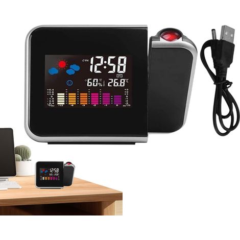 Réveil Projecteur Plafond 180° - Radio Réveil Numérique avec Projection, Horloge Digitale avec Température/Humidité/Date/Heure, Pour Chambre et Bureau