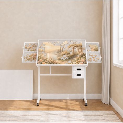 Mesa para rompecabezas, con tablero protector de madera, 4 cajones de fieltro y 2 cajones de tela, MDF y metal, blanca (1/5)