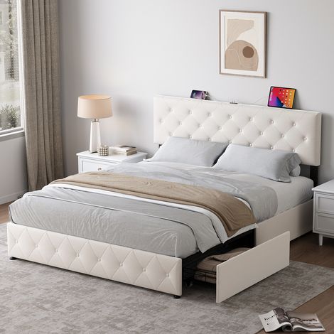 Gepolstertes Doppelbett 160x200 cm, Samtbettgestell mit 4 Schubladen Beige – Kopfteil mit integrierter Ladestation, großer Stauraum