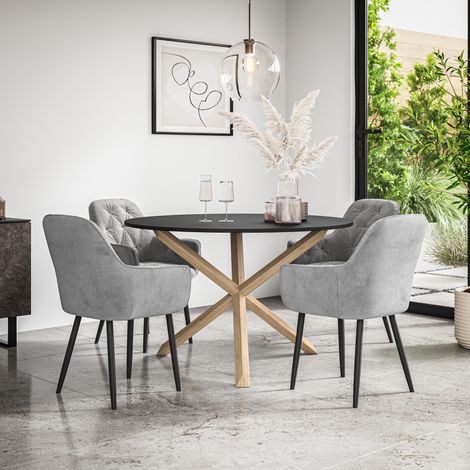 Malvern Round Dining Table And Chairs - Black Table Top w Solid Oak Legs + Anika Velvet Dining Chair Set Of 4 (Grey) (1/5)