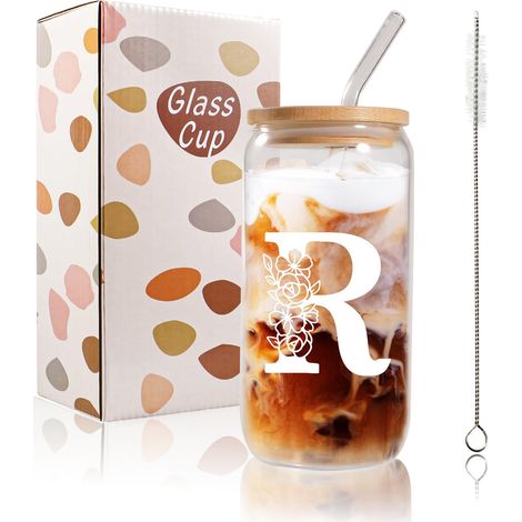 Tasse à café glacé en verre avec initiale A-Z personnalisable pour femme, 500 ml pour maman, amis et sœurs, homme, papa, tasse à café glacé avec couvercles et pailles (R) (1/5)