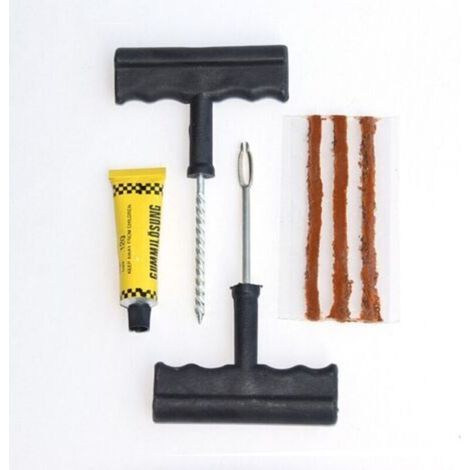Kit de réparation de pneu sans chambre à air - 3 mèches de 100 mm + colle 10 ml + cutter et perforateur avec poignée en T - Kit de crevaison pour moto, voiture, quad, vélo