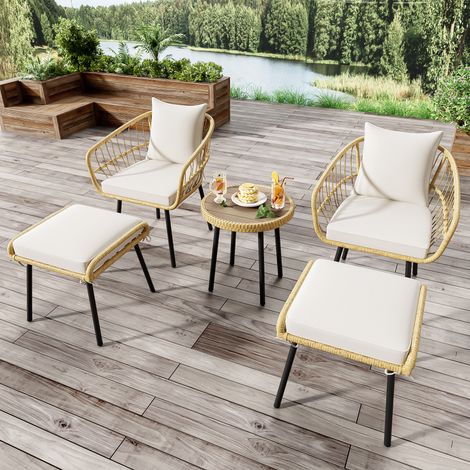 5-teiliges Gartenmöbel-Set aus Natur-Rattan mit Tisch, 2 Stühlen und 2 Hockern, Outdoor-Essgruppe mit Kissen für Terrasse, Balkon und Garten
