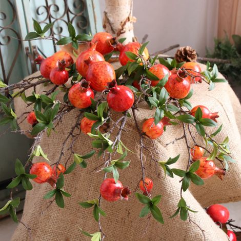 Lot de 5 branches de grenade artificielles à 6 têtes, fruits artificiels réalistes pour vase, décoration intérieure et extérieure (rouge). (1/5)