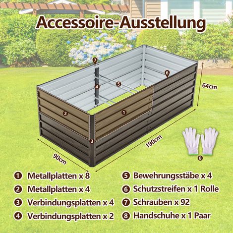Bac de jardin surélevé robuste en acier, lit de plantation 190x90x64cm à fond ouvert, kit de parterre métallique résistant à la rouille et aux intempéries pour légumes, herbes et fleurs sur patio – Fi