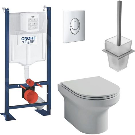 Pack inodoro suspendido Jacob Delafon sin brida Elite + estructura soporte Grohe RapidSL + placa cromada + portaescobillas cuadrado