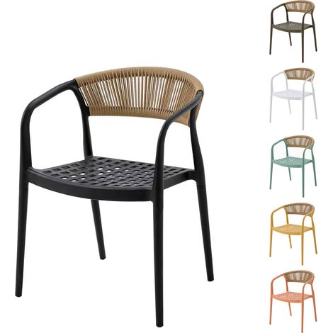 6 X Chaises de jardin Solaro PP résistant aux UV & dossier en corde tressée main Noir Set de 6 (1/5)