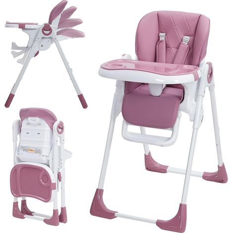 Chaise Haute Bébé Pliante - Plateau Amovible Accrochée au Pied-Hauteur Réglable-Dossier Inclinable-ROSE (1/5)