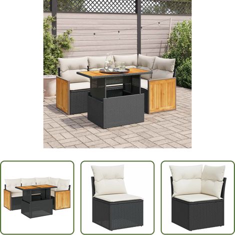Terrassensofa - 5tlg. Garten-Sofagarnitur mit Kissen Schwarz Poly Rattan Akazie (1/5)
