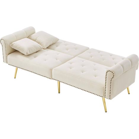 Sofá cama de 2 plazas en terciopelo beige, con doble respaldo ajustable en 3 posiciones, patas de metal dorado y diseño compacto para espacios pequeños CHICFURN (1/5)