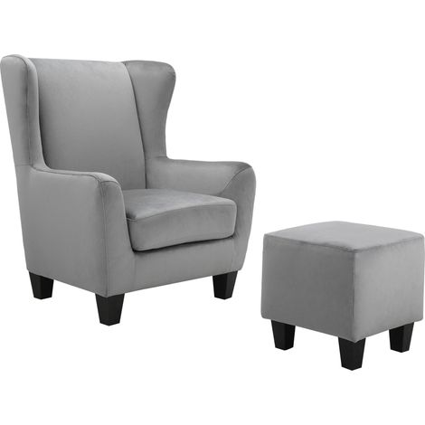 Zhili-Fauteuil + Tabouret en Gris Velours
