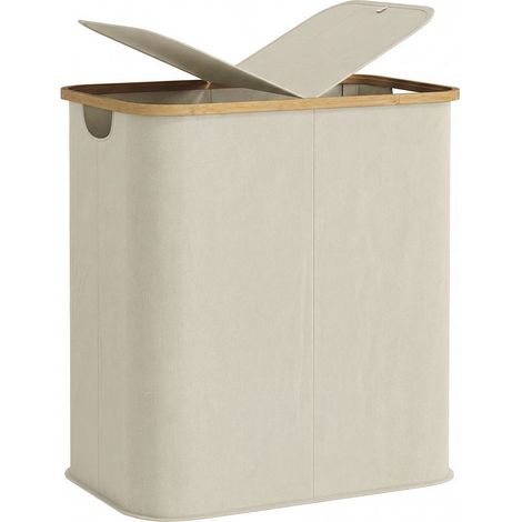 Panier linge double pliable 80 L – Couvercle anti-poussière et poignées rainurées – Tissu résistant – Beige naturel (1/5)