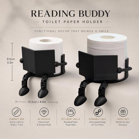 Porte-papier toilette drôle support lecteur imprimé 3D noir sur meuble sans perçage pieds réglables pour rouleaux standard (1/4)
