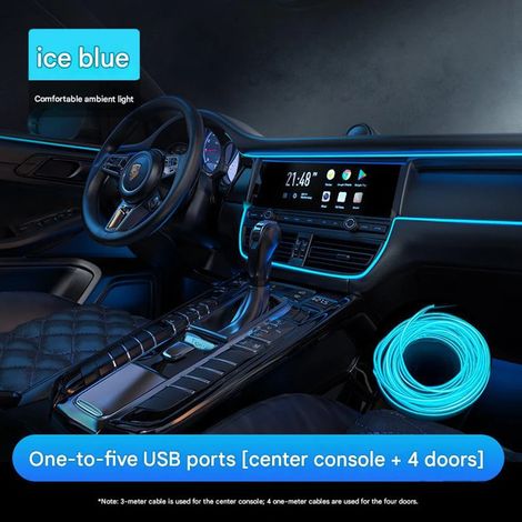 LED-Ambientebeleuchtungsset für den Fahrzeuginnenraum mit USB-Anschluss – Neonlichtleiste für Armaturenbrett und Türen, keine Verkabelung erforderlich (Eisblaues Set, 1 bis 5 LEDs für Armaturenbrett +