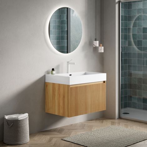 Lavabo suspendu 70 cm, vasque blanche rectangulaire en résine intégrée, meuble en contreplaqué veiné bois naturel avec tiroir, pré-assemblé